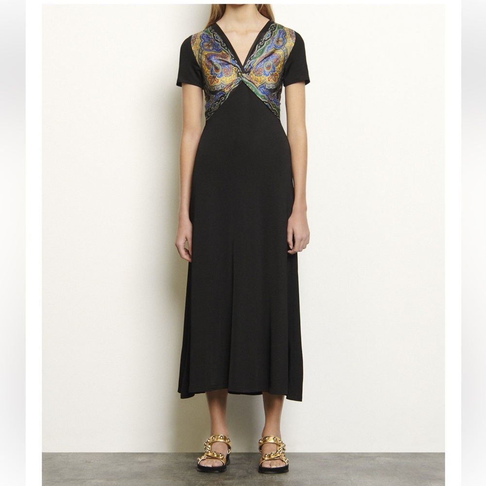 SANDRO Rabba Printed Satin Twill paneled Jersey Midi Dress Black size 6 $695